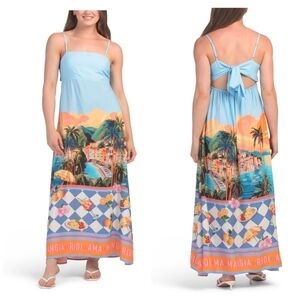 💙🔹️Paperheart 🔹️Italian Scenic Print Blue Multi Tie Back Maxi Dress
